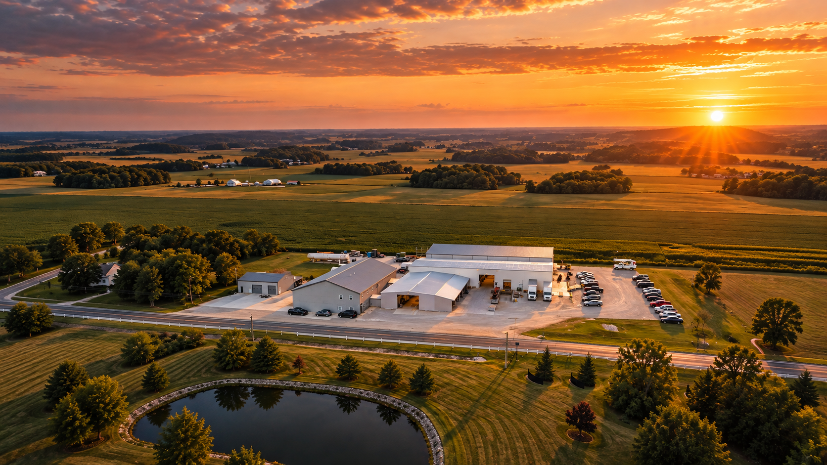 Troyer Brothers facility at sunset